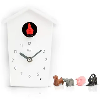 KOOKOO AnimalHouse Weiss, Moderne kleine Kuckucksuhr mit 5 Bauernhoftieren, Aufnahmen aus der Natur. Hat EIN freundliches und modernes Design.