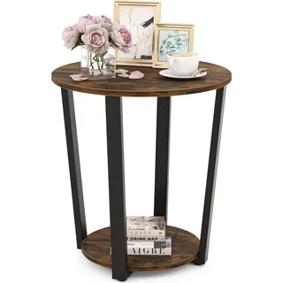 COSTWAY Runder Beistelltisch, 2-stufiger Akzenttisch mit offener Ablage Industrieller Nachttisch Rustikales Braun - Braun