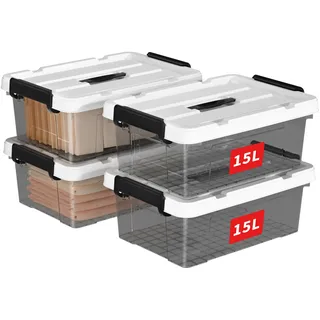 Cetomo,15L,4er-Pack, Aufbewahrungsbox mit deckel,Aufbewahrungsboxen, mit Clips, stapelbar, Wohnzimmer, Schlafzimmer.lebensmittelecht,Verschlussclips,Neumaterial Plastik-Box transparent schwarz