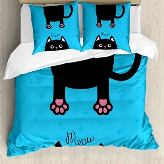 ABAKUHAUS Kawaii Bettbezug, Fat Cat Pfoten und Schwanz, Milbensicher Allergiker geeignet mit Kissenbezügen, 155 cm x 220 cm - 80 x 80 cm, Schwarz-Rosa-Blau - Schwarz
