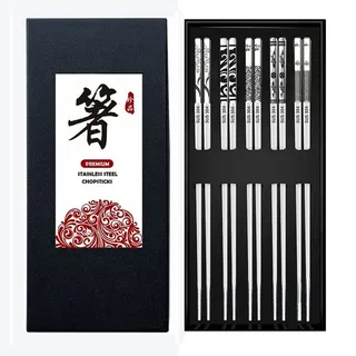 QMAHA Edelstahl Essstäbchen, 5 Paar Wiederverwendbare Essstäbchen, Metalless Stäbchen Spülmaschinenfest Sushi Stäbchen Japanische Chopsticks with Lasergravur Geschenkset für Weihnachten/Geburtstag