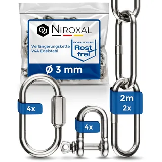 2 Stueck 200-cm = 2-Meter 3-mm starke Verlängerungs-Kette aus Edelstahl Bruchlast max 350 kg mit Schäkel Schraub-Verbinder aus V4A Befestigungs-Set Aufhängung von Boxsack Hängematte Hängesessel