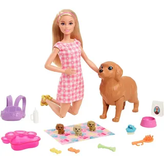 Barbie Puppe (blond) mit Hund und Welpen