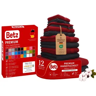 Betz Premium Handtuch-Set 12-teilig, Oeko-TEX Standard 100, 100 % Baumwolle, 470 g/m2, 2 Duschtücher, 4 Handtücher, 2 Gästetücher, 2 Seiftücher, 2 Waschhandschuhe - Farbe rubinrot/Graphit