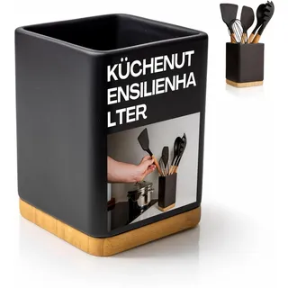 KOOK TIME Küchenutensilienhalter - Utensilienhalter küche aus keramik und Bambus - Quadratischer küchenhelfer aufbewahrung - Schwarz - 10,5 x 10,5 x 15 cm