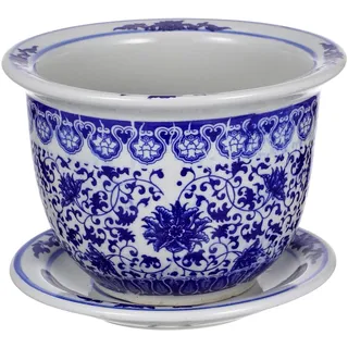 Blau-weißer Blumentopf aus Keramik, chinesische Blumentöpfe aus Keramik mit Tablett, dekorativer Blumentopf für drinnen und draußen, Schreibtisch, Garten, Balkon