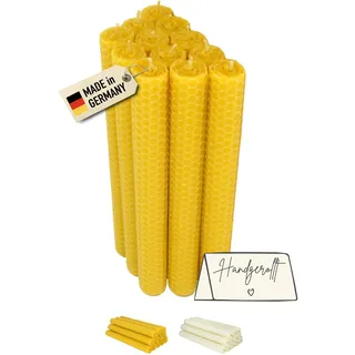 12 Stabkerzen 100% Bienenwachs aus Deutschland – Bienenwachskerzen handgerollte, 20 cm hoch, ca. Ø 2,2 cm, natur-gelb, Premium Kerzenset mit Hanfdochten für Tischdekoration, Fest & Rituale