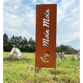Edelrost Schild Moin Moin 115 cm x 27 cm zum Stecken Gartenschild Sichtschutz Paravent Gartenstecker Edelrost Gartendeko Wetterfest Rost Metall