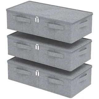 ENUMAIL Unterbett Aufbewahrungsboxen aus Leinen, Faltbare Tasche für Bettlaken mit Deckel, Unterbettbox Organizer mit Reißverschluss, für Kissen Kleidung Decken Bettdecken, 60×30×15cm, Grau, 3 Stück