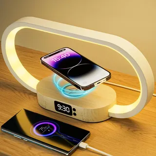 Beehero Nachttischlampe mit Ladefunktion, Dimmbare Nachttischlampe mit Uhr Tischlampen Touch Dimmbar mit 5 Farbtemperaturen USB Nachtlicht für Schlafzimmer deko Holz-Tischleuchten