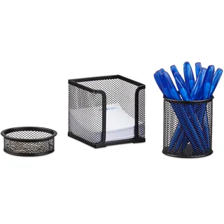 Relaxdays Schreibtisch Organizer 3er Set Metall, Schreibtisch-Set, Büroset Mesh, Zettelbox, zwei Köcher, schwarz, 13.5 x 10.5 x 10 cm