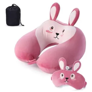 GLITZFAS Memory Foam Reisekissen Kinder Nackenkissen Niedliche Tierform Nackenhörnchen Kopfstütze Baby Reise Schlafkissen mit Augenabdeckung Aufbewahrungstasche (Hase)