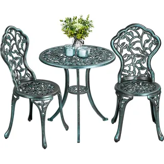 Yaheetech 3 TLG. Gartenmöbel-Set mit den Blattmustern Stuhl Max 150 kg,Grün | Gartenmöbel-Set 2 Stühlen &1 Runder Tisch Bistroset aus Aluminiumguss Gartengarnitur für 2 Personen für Balkon/Terrasse/Garte