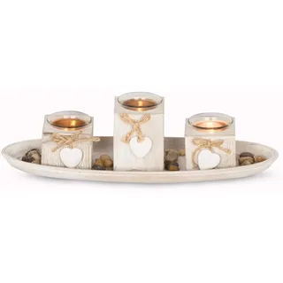 4er Windlicht Set Holztablett B x H x T: ca. 39x3x14cm Weiß Grau Shabby Chic Landhausstil Vintage Deko Teelichtset