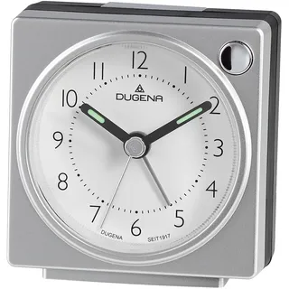 Dugena Quarzwecker, schleichende Sekunde, mit Weckzeiger, Weckwiederholung, Zifferblattbeleuchtung, ansteigendes Wecksignal, Maße 63 x 66 x 33 mm, inklusive Batterie, Farbe:Silber