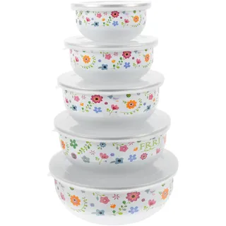 Kichvoe Emaille-Schüssel-Set Mit Deckel 5 Teiliges Emaillebehälter Mit Deckel Zum Stapeln Für Müsli Pasta Instant-Nudeln Porridge Salat Küche Haushalt Picknick 10-18 Cm