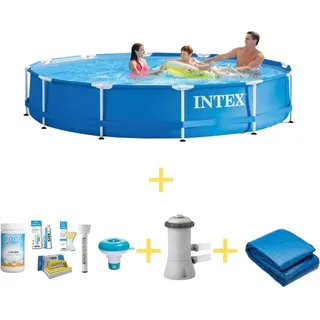 Intex Metal Frame Pool - 366 x 76 cm - WAYS Wartungspaket, Filterpumpe & Bodenplane - Blau
