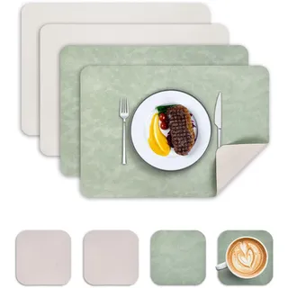 Wanfolle Tischsets Abwaschbar und Untersetzer 4er Set, Tischsets Leder Platzset Abwischbar Doppelseitigen Hitzebeständig Wasserdicht rutschfest Platzdeckchen Lederoptik (Grün Elfenbeinweiß)
