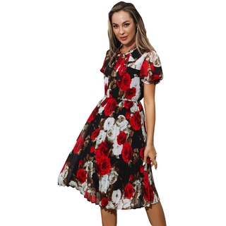 HAOKEKE Damen Sommerkleid mit kurzen Ärmeln Chiffon Kleid Retro Plissee Hemdkleid ideal für Party Arbeit Freizeit Kirche Zeit Treffen Cocktail etc