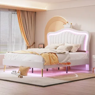 okwish Kinderbett Polsterbet 140 x 200 cm, Bettgestell weißes Kronen-Doppelbett aus Kunstleder mit LED-Leuchten, Lattenrost und Rückenlehne(Ohne Matratze) - Weiß