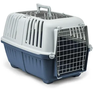 lionto Hundetransportbox aus Kunststoff mit Metallgitter, 58,5x35,5x40 cm, Transportbox mit praktischem Schließsystem & Tragegriff, auch geeignet für Katzen & Kleintiere, für Haustiere bis 15kg, blau