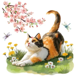 FUFUQUARE Wandtattoo Niedliches Kätzchen Blumen Wandaufkleber Wildblumen Wiese Libelle Wandsticker Wanddeko für Schlafzimmer Wohnzimmer Kinderzimmer