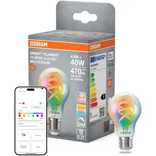 Osram SMART+ LED-Lampe Kolbenform A40 RGBW E27, Filament, Matter-ready, steuerbar per App, Multicolor, WiFi-Anbindung, 2700–6500 K