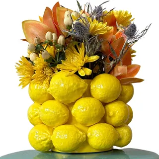 PeachiiPitt Zitronenvase – fröhliche gelbe Keramikvase im französischen/mediterranen Stil, einzigartige Vase mit 3D-Zitronen-Design, Zitronen-Küchendekoration, Geschenk zum Einzug