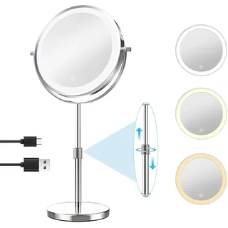 TopDirect 8 Zoll Schminkspiegel mit Beleuchtung, 35–45 cm Höhenverstellbarer Kosmetikspiegel, 1X/10X Vergrößerung, 3 Lichtfarben und 360° Schwenkbar, Aufladbar Doppelseitiges Vergrößerungsspiegel