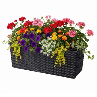Relaxdays Balkonkasten, Selbstbewässerung, HBT: 19x50x19 cm, Geländerkasten mit Einsatz & Füllstandsanzeige, PP, schwarz