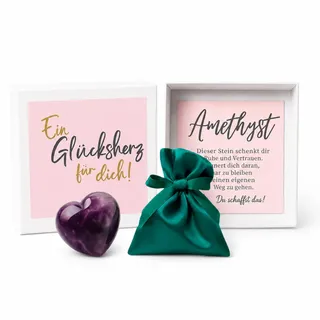 MilaBoo® Glücksherz 4 cm – Handgefertigter Edelstein in Herzform im Samtsäckchen & Geschenkbox – Handschmeichler mit Karte und Botschaft (Du schaffst das - Amethyst)