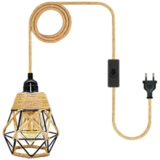 Hanfseil Lampe Hängelampe Kit mit Stecker, 510CM Kabel E27 Lampenfassung mit Metall Käfig Lampenschirm, Lampenkabel mit Schalter, Pendelleuchte mit Stecker, Landliche Stil Licht, Keine Glühbirne