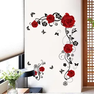 Wandaufkleber Rot Rosen Wandtattoo Rote Blumen Wanddeko Selbstklebend, Wohnzimmer Blumen Wandaufkleber, Wasserdicht DIY Groß Wandtattoo Rosen Blumenranke