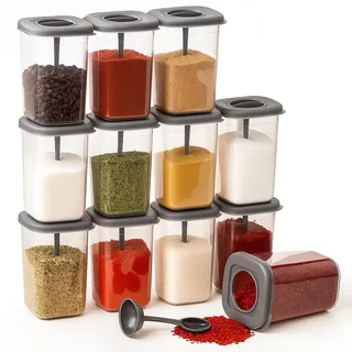 Jungengel 12er Set XXL Gewürzdosen | 450ml | Extra große Gewürzbehälter eckig & stapelbar | Luftdicht inkl. Löffel-System | Anthrazit