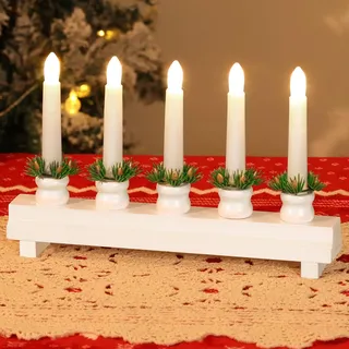 Lewondr Kerzenleuchter Weihnachten, Elektrische Weihnachtsdeko Schwibbogen mit 5 Kerzenlichtern Flammenlos Kerzenbrücke, USB-betrieben LED Bogen Weihnachten Holz Weihnachtslichter Fensterbank, Weiß