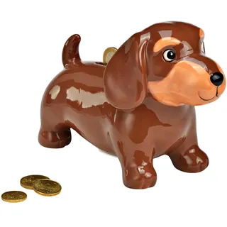 Spardose Hund Dackel aus Keramik – Braun | Lustiges Tier- Sparschwein für Kinder & Erwachsene (18x13x9 cm)