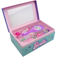 Joy Toy - Barbie Schmuckschatulle mit Accessoires: Bürste, 2 Haarspangen, Ring, Armband, Haarband - 18x11,5x7 cm