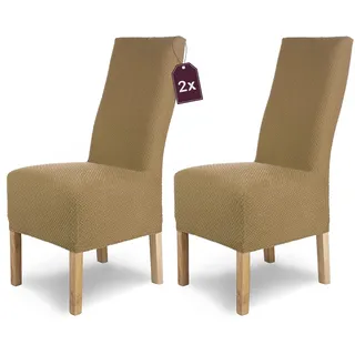 SCHEFFLER-Home Stuhlhussen Stretch Luna-Lang/Stuhlüberzug 2er Set Beige/elastische Flanell Stuhlabdeckungen/Stuhlhussen Schwingstühle/Spann-Bezug Stuhl Überwurf als eleganter Schonbezug