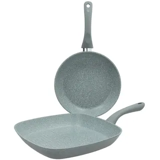 Runde Pfanne mit quadratischem Grill mit Marmor-Effekt – Set Pfanne und Grillpfanne, ideal für Fleisch und Fisch, aus Aluminium, Pfanne 24 cm und Grillpfanne 28 x 28 cm