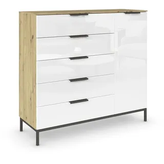 Rauch Möbel Flipp, Nachttisch für Schlafzimmer, Flur, Garderobe, 1-türig, 5 Schubladen, mit Softclose-Funktion, Griffe und Metallkufe Graphit, Farbe Eiche Artisan, Holz/Glas Weiß, Breite 120 cm