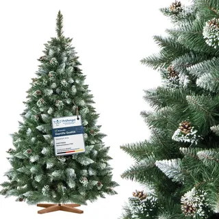 FAIRYTREES Weihnachtsbaum künstlich Kiefer, Natur-Weiss beschneit, Material PVC, echte Tannenzapfen, inkl. Holzständer, 180cm