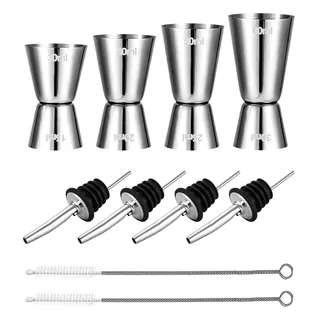 4 Stück Cocktail Messbecher, Edelstahl Barmaß 3cl/4cl/5cl/6cl, Dual Gin Messbecher mit 4 Flaschenausgießern & 2 Pinseln, Doppelmaß Bar Messbecher Cup Set für Bar Party Wein Drink Shaker