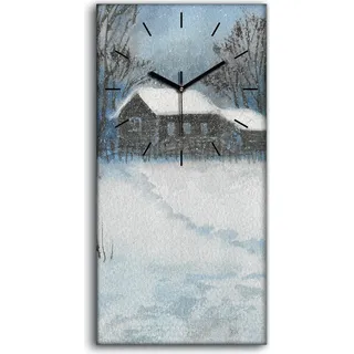 Wohnzimmer-Bild Leinwand Uhr Geräuschlos 30x60 Malerei Winter Schnee Hütte Bäume - schwarze Hände - Weiß