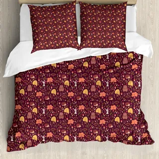 ABAKUHAUS Herbst Bettbezug Set, Lustige Waldtiere Fall Buddies Bär Kaninchen, 200 x 200 cm + 80 x 80 cm, Maroon und Mehrfarbig