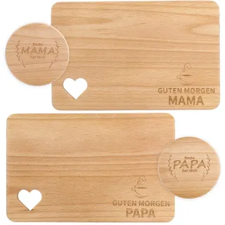 Mama und Papa Geschenke Frühstücksbrettchen Weihnachtsgeschenke für Eltern Frühstücksbrettchen, Personalisierte Geschenkidee Holz mit Gravur Set, Frühstücksbrett mit Untersetzern