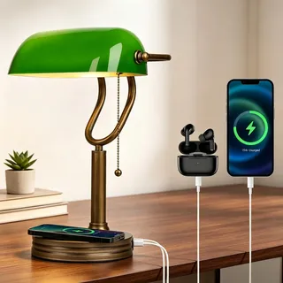 JCPYIUL Banker-Tischlampe mit grünem Glasschirm, Retro-Stil mit USB-Anschluss und kabelloser Ladefunktion, messingfarbener Zugschalter, geeignet für Schlafzimmer, Arbeitszimmer und Büro