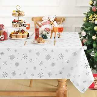 Alishomtll Weihnachten Tischdecke Weiß, Abwischbar Schneeflocke Weihnachtstischdecke, Wasserdicht Öldicht Tischtuch, Fleckschutz Pflegeleich Tafeldecke für Küche Party und Outdoor, Silber 152x213cm