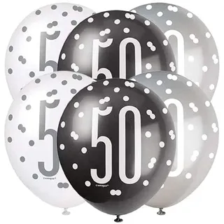 Latex-Luftballons zum 50. Geburtstag - 30 cm - Glitzer Schwarz & Silber Geburtstag - 6er-Packung