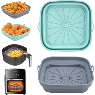 Alyvisun Silikonform für Heißluftfritteuse 2 Stück Airfryer Silikon Backform Wiederverwendbar Silikoneinsatz Zubehör Quadratisch Silikonmatte Pot Liner für Air Fryer, Mikrowelle, Ofen, Blau+Grau