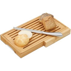 Relaxdays Brotschneidebrett, praktisches Brotbrett mit Messer aus Edelstahl, Krümelrost, Bambus, HBT, Holzfarbe/Silber
